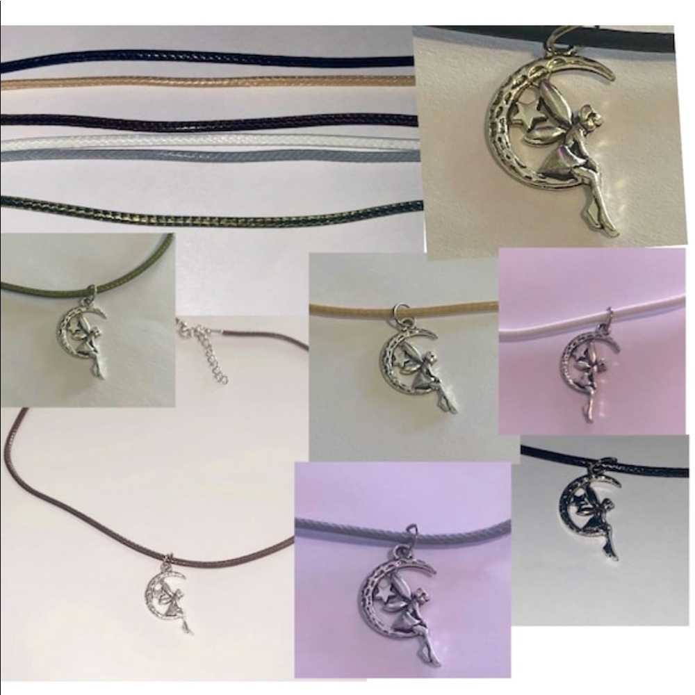 ⭐️4/$25⭐️ Fairy on Moon Charm Necklace on 20” Waxed Cord, Choice of Color
